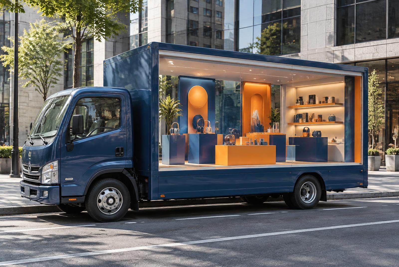 Blue experiential glass truck configured as a mobile retail showroom