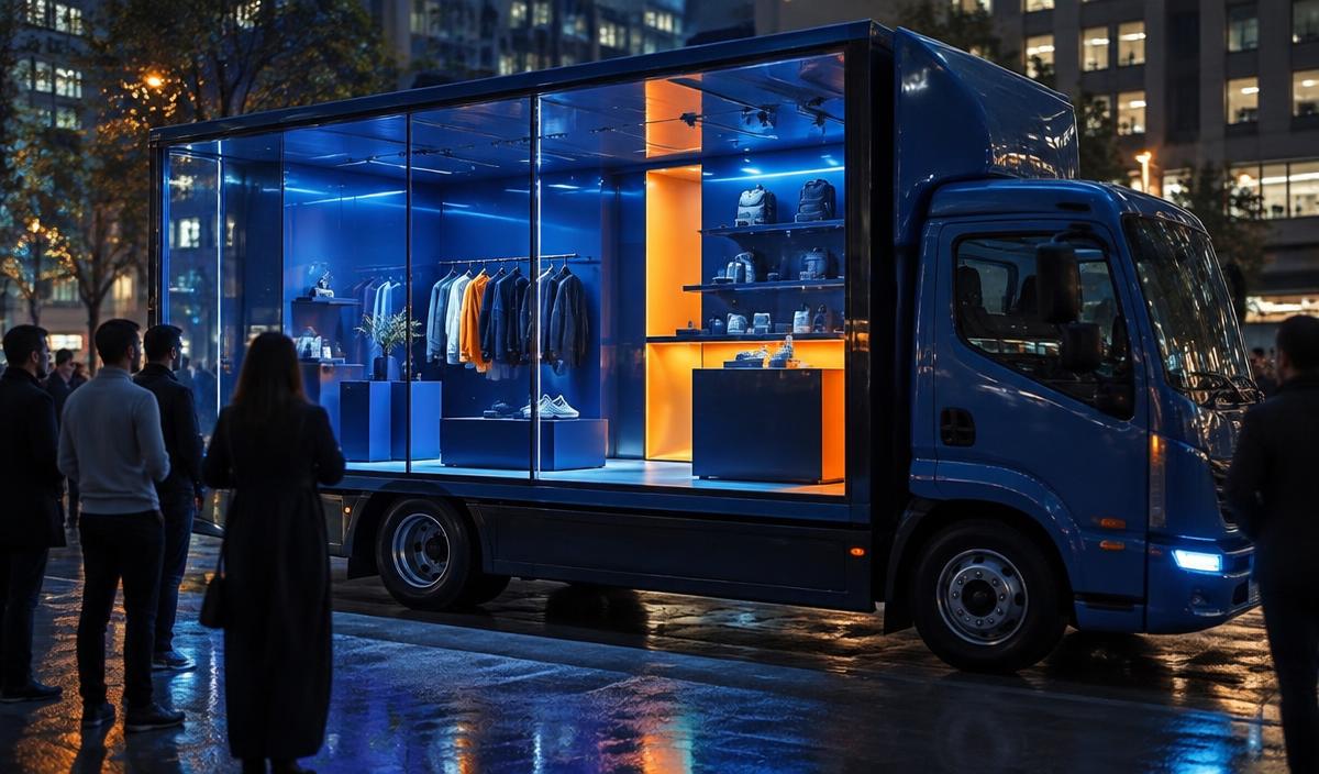 Illuminated experiential glass truck hosting an evening retail activation